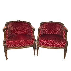 Pair Of Transitional Period Bergeres, Trimmed With Burgundy Velvet