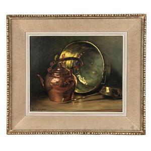 Henri Dupin, Still Life With Brass, Oil On Canvas 20th Century