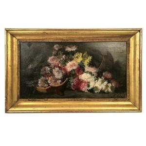 Huile sur toile signée F. Viola, Le vase de fleurs brisé, début XXe