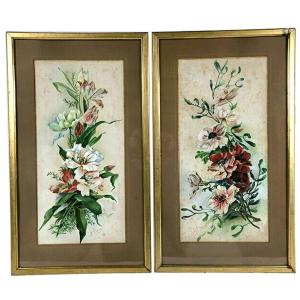 Pair Of Watercolors, Bouquets Of Flowers. Around 1900