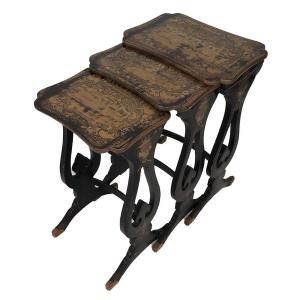 Suite Of Three Nesting Tables In Black Lacquered Wood With Asian Decors, Napoleon III
