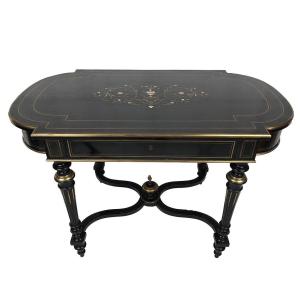 Black Lacquered Wood Table With Brass Inlaid Central Decor, Napoleon III