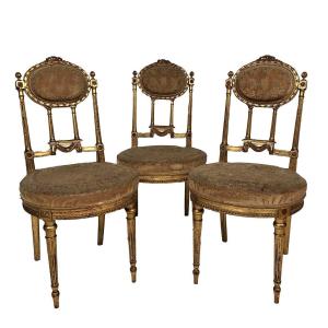 Série De Trois Chaises De Style Louis XVI En Bois Doré, Vers 1900