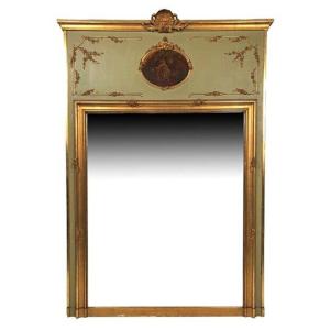 Large Louis XVI Style Trumeau, Green Lacquered Wood, Gilding Early 20th Century