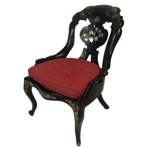 Chaise Gondole Napoléon III En Bois Et Papier Mâché Laqué Noir Et Burgauté