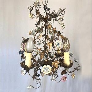 Golden Metal Chandelier With Four Arms Of Light And Porcelain Flower Decor