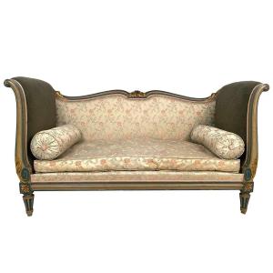 Louis XVI Style Cheek Sofa, Gray/green Lacquered Wood Rechampi Blue And Gold. Late 19th Early 20th