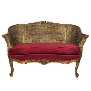 Small Louis XV Style Basket Sofa, Golden Wood And Double Cannage