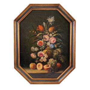 Still Life With Flowers And Fruits, 20th Century Italian School In The Spirit Of The 17th Century