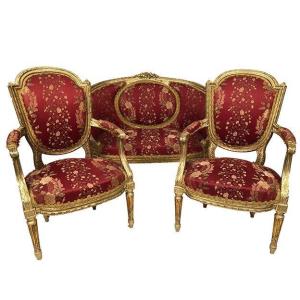 Part Of Louis XVI Style Living Room In Golden Wood. Basket Sofa And Pair Of Armchairs