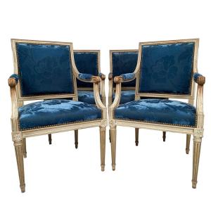 Suite Of Four Louis XVI Style Armchairs, White Lacquered Wood And Blue Velvet