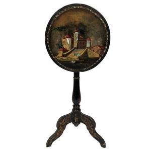 Small Napoleon III Tilting Pedestal Table, Black Lacquered Wood With Landscape Decor And Burgots