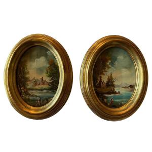 Paire De Miniatures. Huiles Sur Panneaux Entoilés Ovales Signées Oggioni, XXe