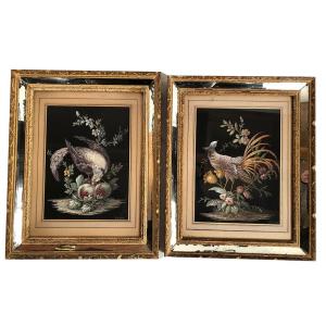 Pair Of Gouaches On Paper, Birds And Flowers