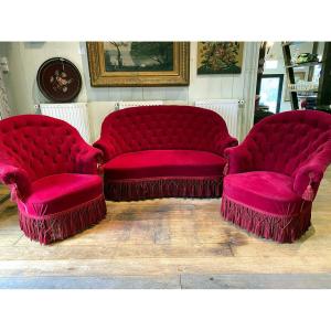 Petit salon crapaud Napoléon III, velours rouge, dossiers capitonnés