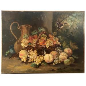 « Nature morte aux fruits et aux oiseaux », huile sur toile fin XIXe ou début XXe