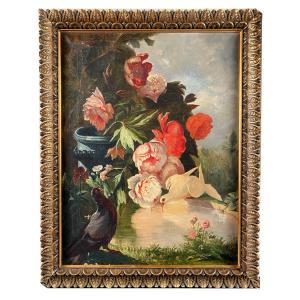 « Oiseaux s’abreuvant au bassin d’un jardin », école française vers 1900