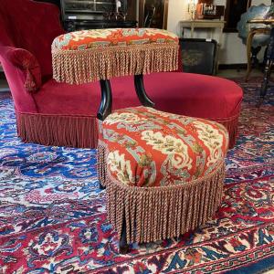 Napoleon III Period Peeping Chair In Blackened Wood, Upholstered In Tapestry.
