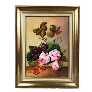 Fleurs et fruits, huile sur carton entoilé XXe
