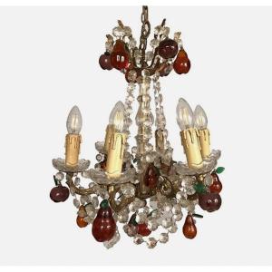 Chandelier In Gilded Bronze, Crystal Pendants And Coloured Glass Pendants In The Shape Of Fruit.