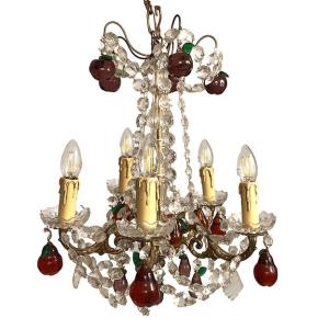 Chandelier In Gilded Bronze, Crystal Pendants And Coloured Glass Pendants In The Shape Of Fruit.