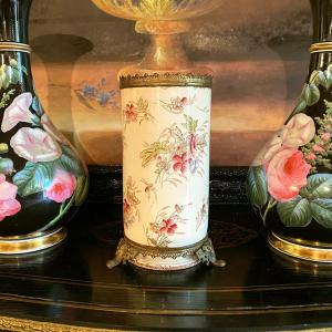 Porcelain Vase Decorated With Flowers And Circled With Openwork Brass, 19th Century