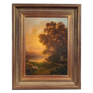 « Paysage animé au coucher du soleil », huile sur toile XIXe