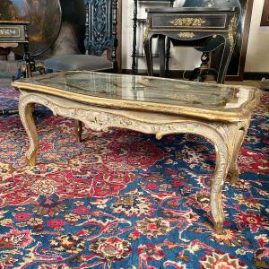 Louis XV-style Coffee Table Made Of Carved Wood With A Gray And Gold Finish