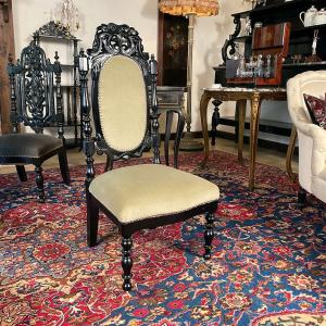 Chaise de nourrice Napoléon III, bois laqué noir et velours vert amande