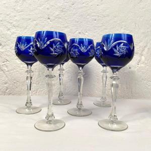 Bohemia. Set Of Six Blue-colored Cut Crystal Rhine Wine Glasses