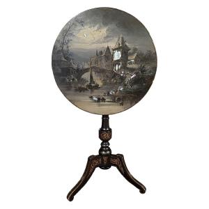 Napoleon III-style Tilting Side Table Decorated With A Moonlit Landscape