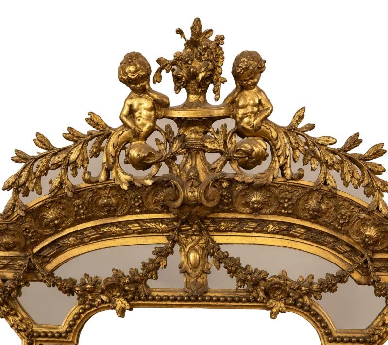 Grand miroir à parecloses en bois et stuc doré, style Louis XVI, XIXe siècle-photo-2