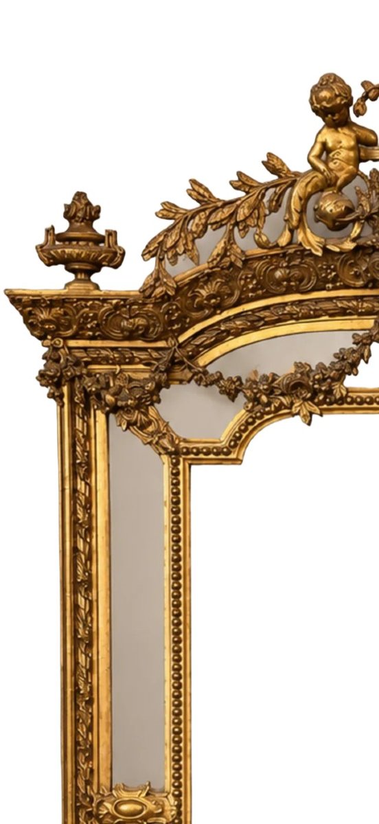 Grand miroir à parecloses en bois et stuc doré, style Louis XVI, XIXe siècle-photo-4