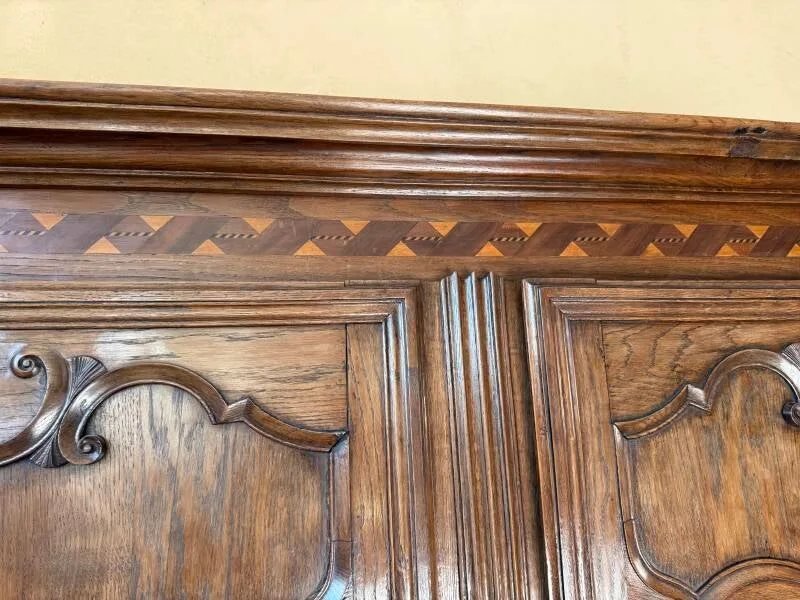 Armoire de mariage lorraine en chêne sculpté et marqueté, XIXe siècle-photo-2