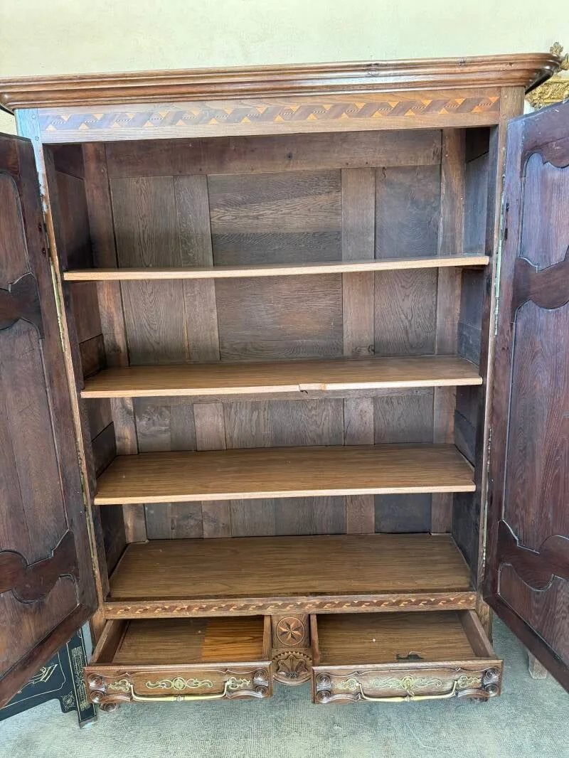 Armoire de mariage lorraine en chêne sculpté et marqueté, XIXe siècle-photo-4