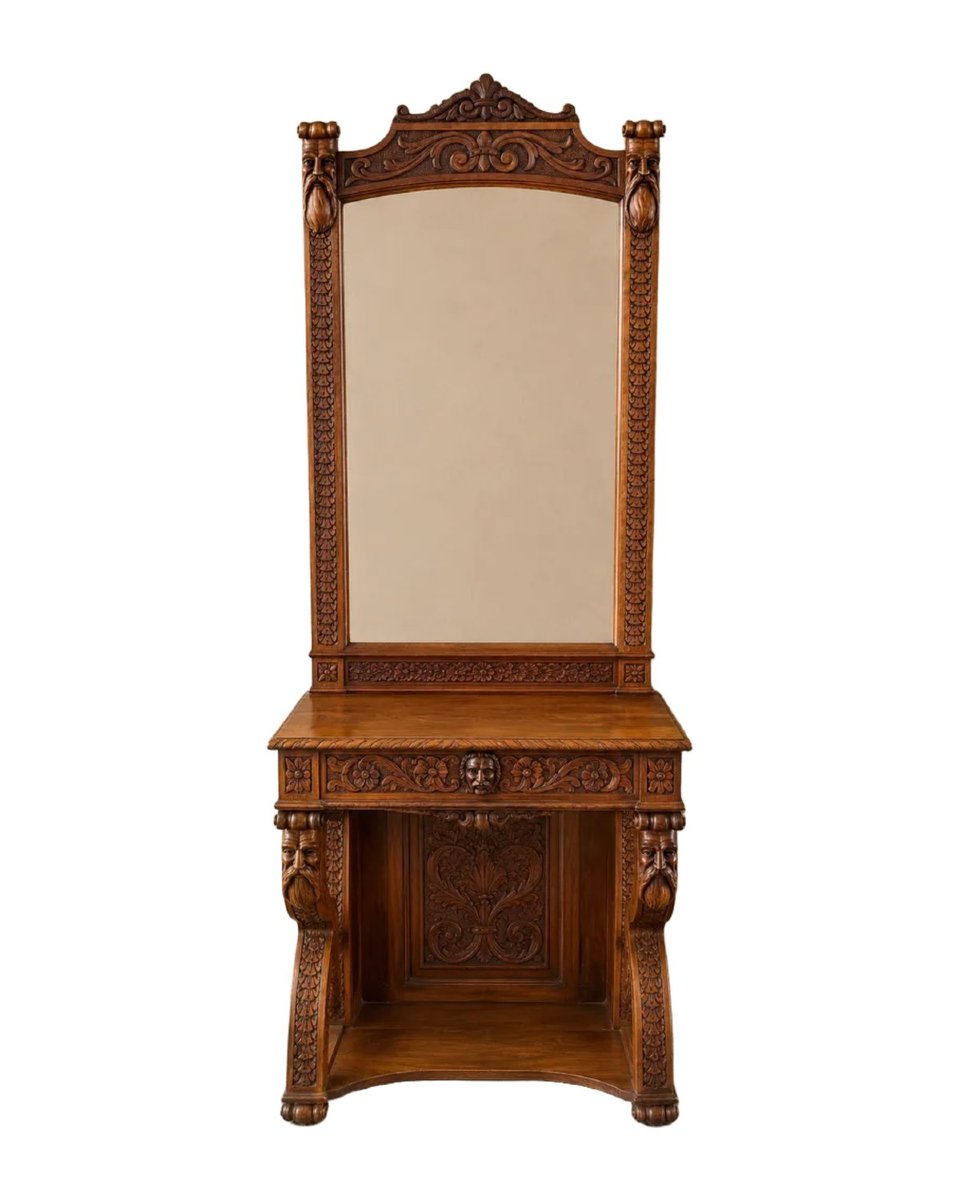 Neo-renaissance Carved Oak Console With Mirror, Height 2.25 M