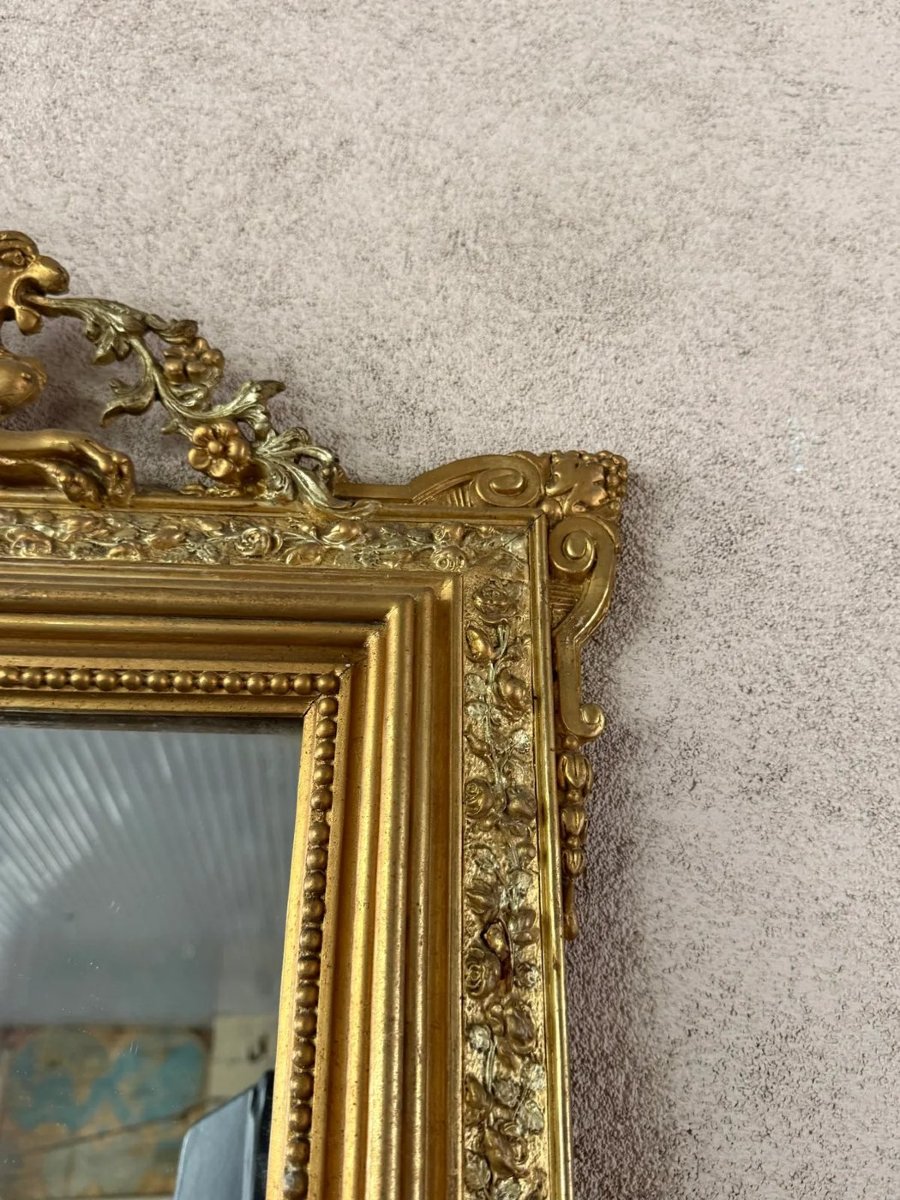Miroir à fronton en bois et stuc doré, fin XIXe siècle-photo-4