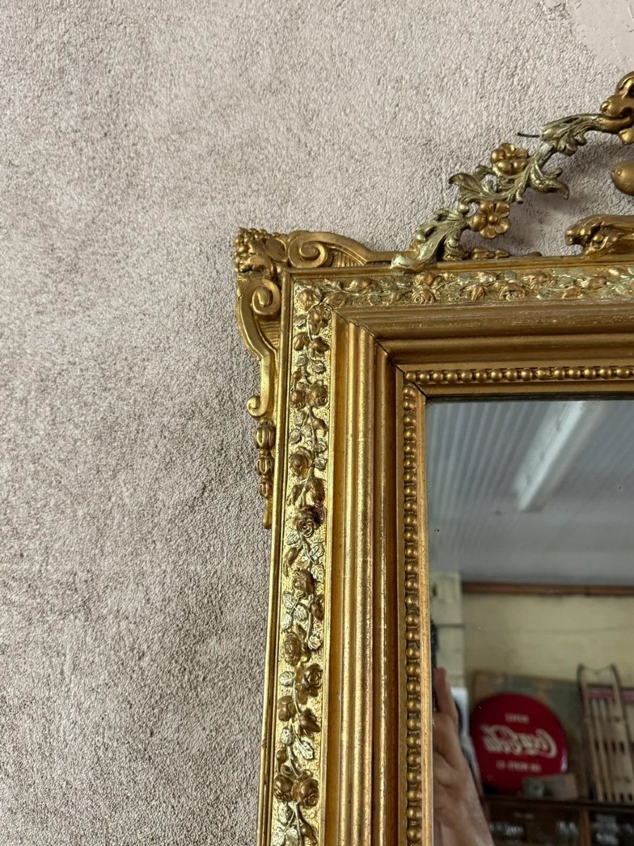 Miroir à fronton en bois et stuc doré, fin XIXe siècle-photo-1