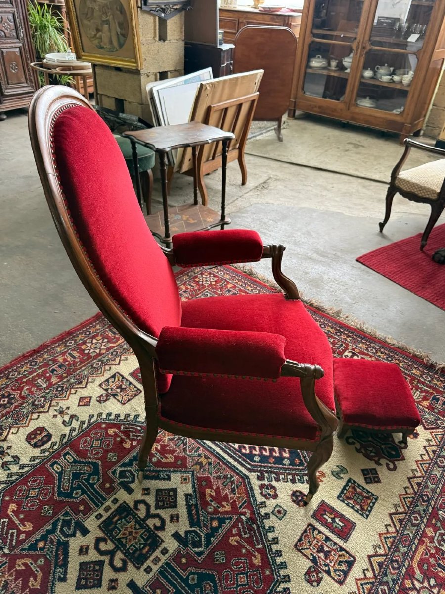 Fauteuil Voltaire en noyer à dossier inclinable, avec repose-pieds, XIXe siècle-photo-2