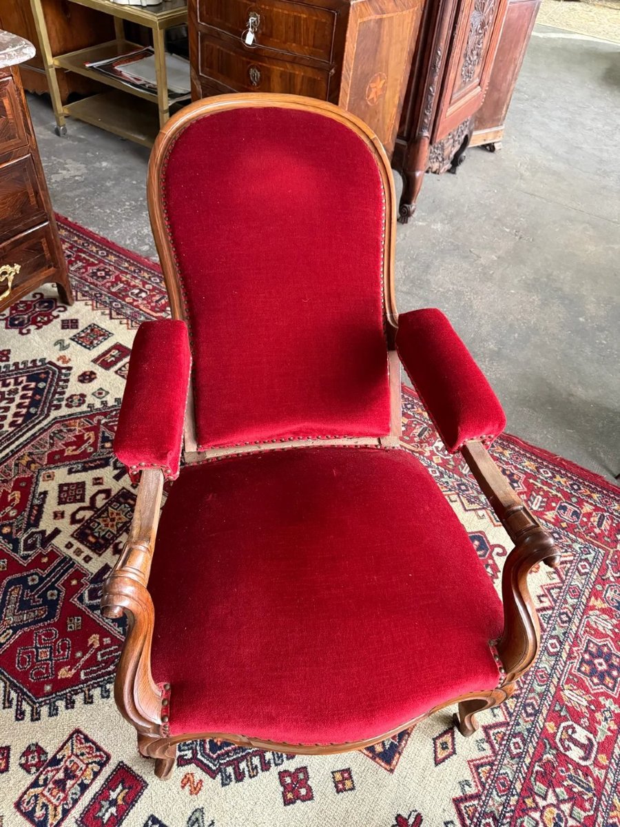 Fauteuil Voltaire en noyer à dossier inclinable, avec repose-pieds, XIXe siècle-photo-3