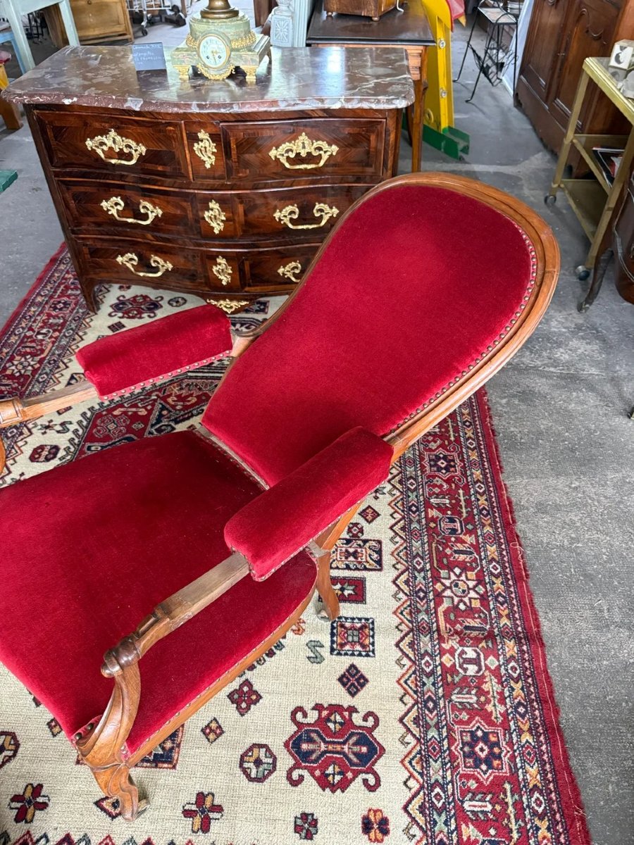 Fauteuil Voltaire en noyer à dossier inclinable, avec repose-pieds, XIXe siècle-photo-4