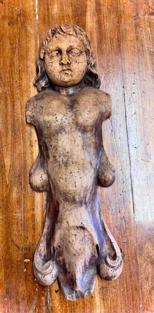 Carved Wood Element, Putto Figure, 16th Or 17th Century-photo-2