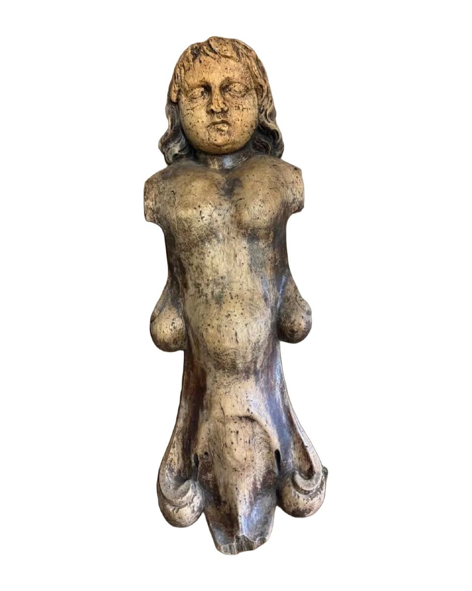Carved Wood Element, Putto Figure, 16th Or 17th Century