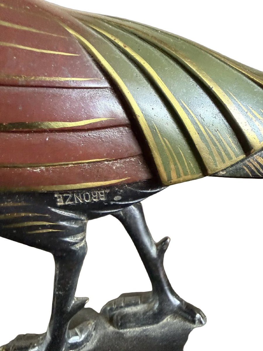 Couple de faisans Art déco en bronze polychrome, socle en marbre et onyx-photo-2