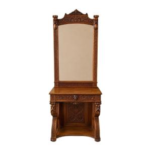 Console à miroir néo-Renaissance en chêne sculpté, hauteur 2,25 m