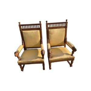 Paire de fauteuils néo-Renaissance à têtes de lion, époque Napoléon III