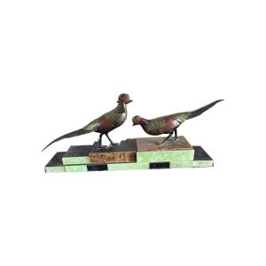 Pair Of Art Deco Pheasants In Polychrome Bronze, With A Marble And Onyx Base