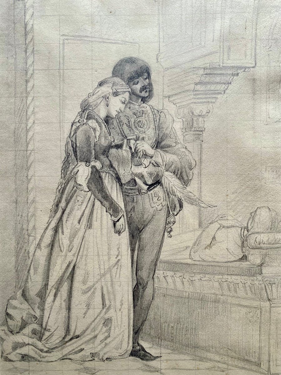 Jean-paul Laurens, Renaissance Couple, Beautiful 19th Century Drawing-photo-2