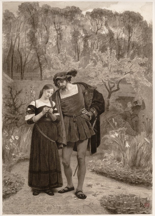 Jean-paul Laurens, Renaissance Couple, Beautiful 19th Century Drawing-photo-3
