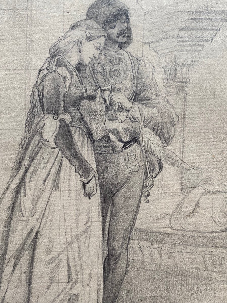 Jean-paul Laurens, Renaissance Couple, Beautiful 19th Century Drawing-photo-1